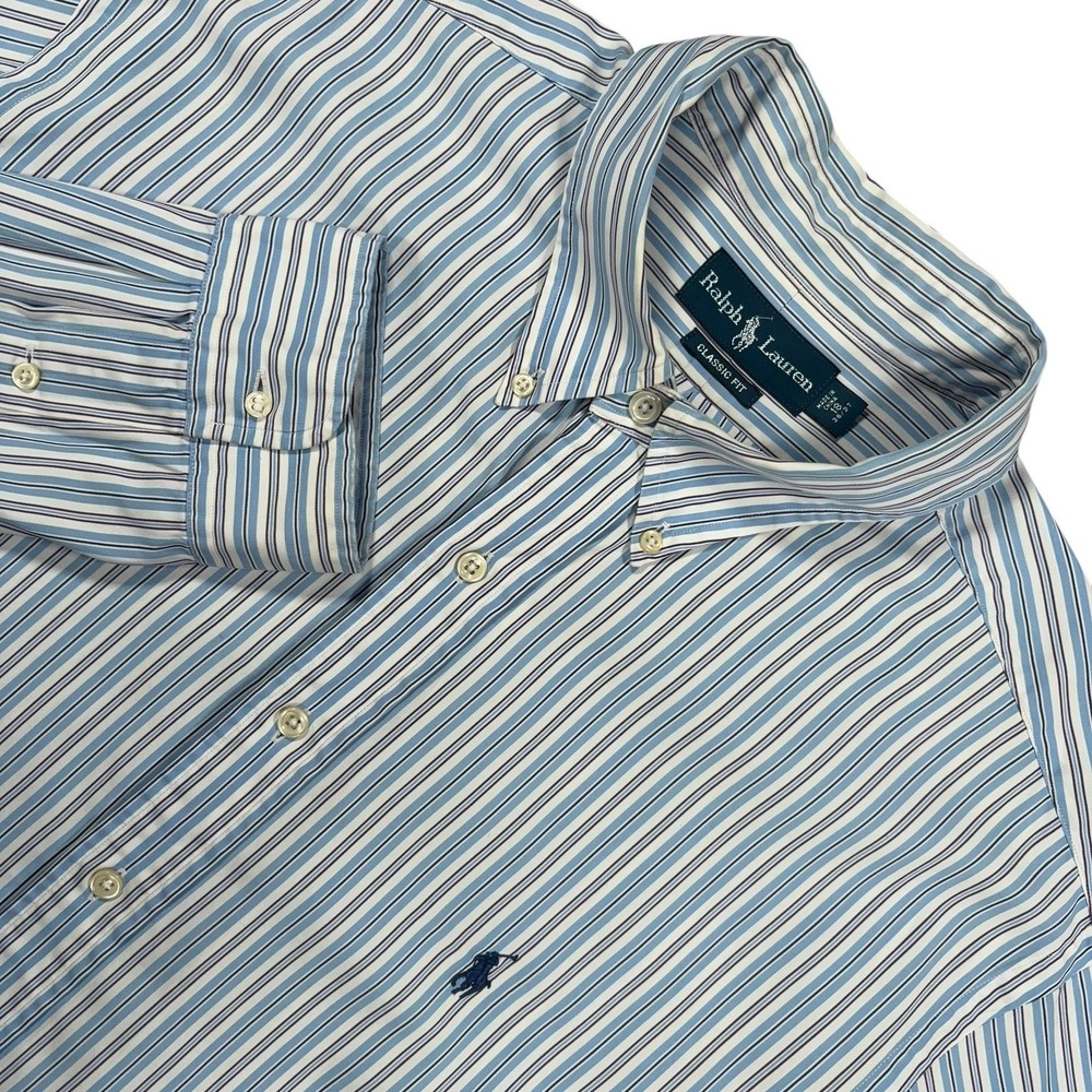 Ralph Lauren Button‎ Down Mens 18 36/37 Blue Striped Cotton Classic Fit Shirt